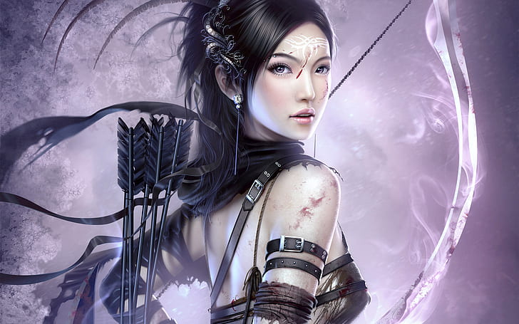 women, fantasy art, digital art, Asian, arrows, archer, bow, HD wallpaper