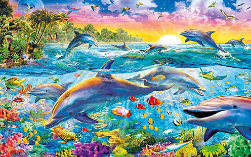 8x6.5ft Wonderful Underwater Sea View Backdrop Polyester Sea Turtle Couple Dolphins Colorful Tropical Fish Coral Reef Jellyfish Bright Sunlight Undersea World Background Children Birthday Decor 