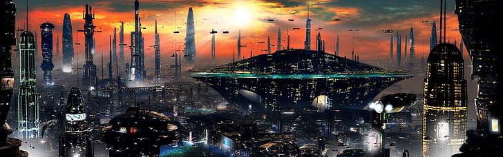 futuristic digital wallpaper, sunset, the city, future, skyscrapers