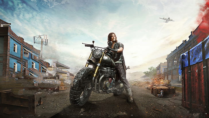 Video Game, Crossover, Daryl Dixon, Motorcycle, Playerunknown's Battlegrounds, HD wallpaper
