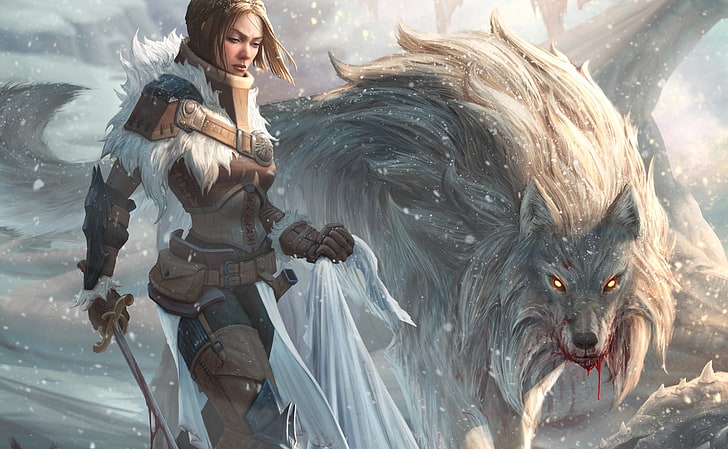 artwork, fantasy art, women, wolf, one person, young adult