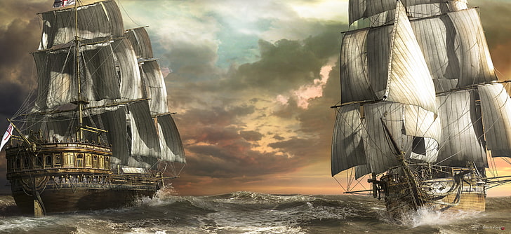 two war ships painting, sea, wave, art, sailboats, nautical Vessel, HD wallpaper
