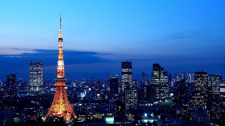 high-rise buildings, Tokyo, Tokyo Tower, Japan, city lights, skyline