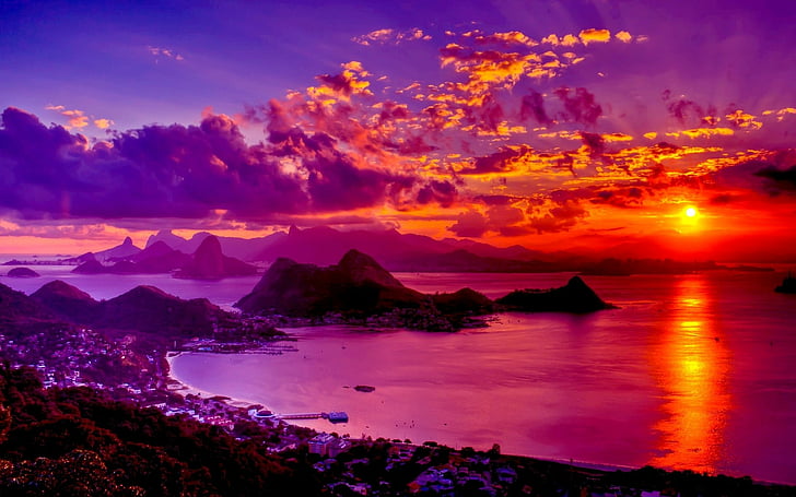 Cities, Rio De Janeiro, Earth, Gold, Ocean, Orange, Purple, HD wallpaper