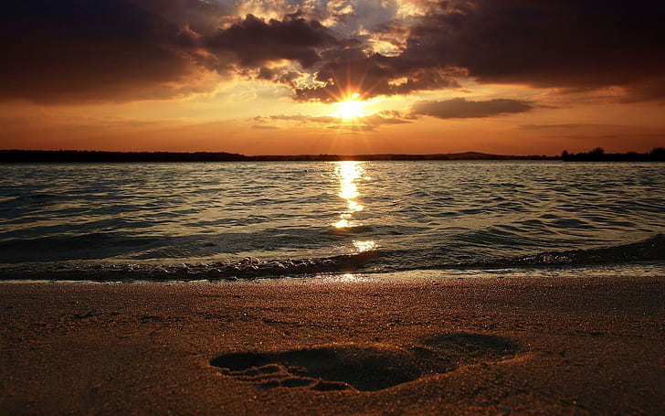 Water Sunset Landscapes Beach Footprint Free Pictures, sunset; ocean; sand, HD wallpaper