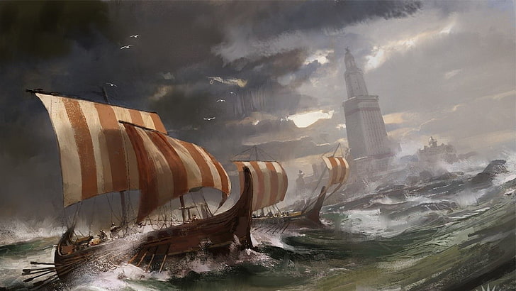 brown ship on body of water painting, boat, artwork, fantasy art