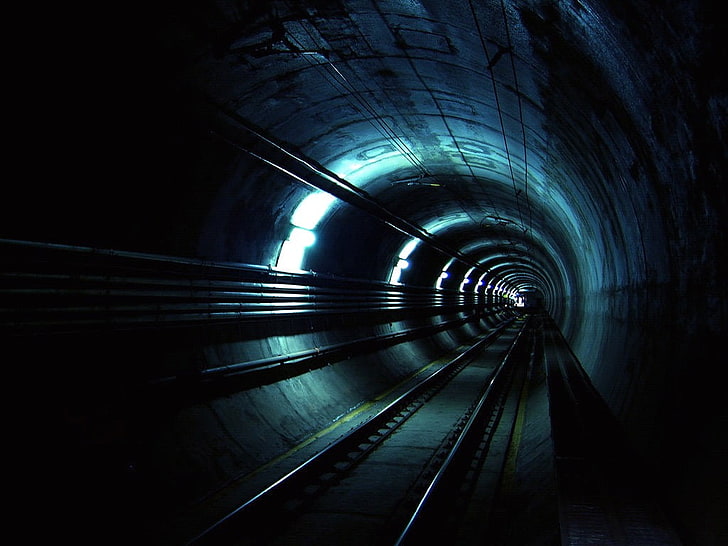 railroad tunnel, train, underground, metro, cyan, architecture, HD wallpaper