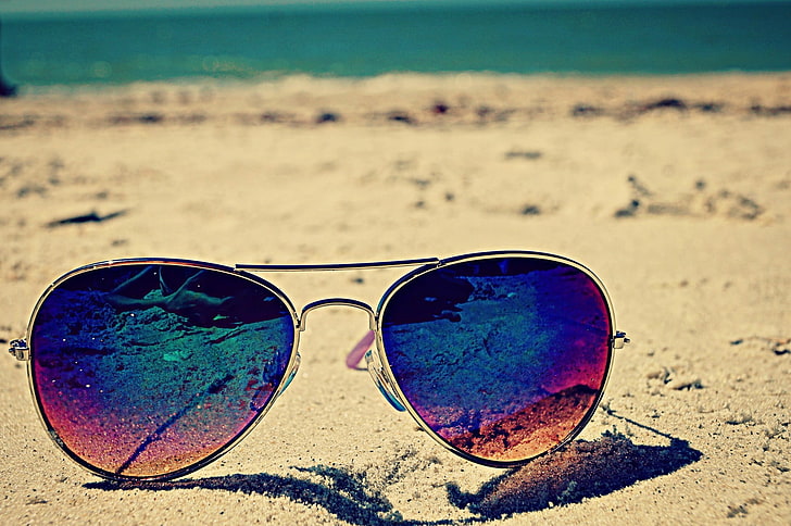 silver-colored Aviator-style sunglasses, beach, land, fashion, HD wallpaper