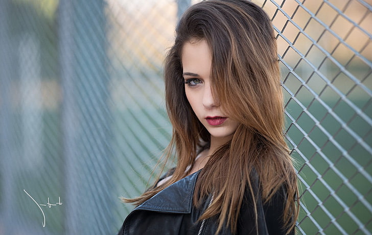 women's black leather zip-up jacket, model, face, portrait, sensual gaze, HD wallpaper