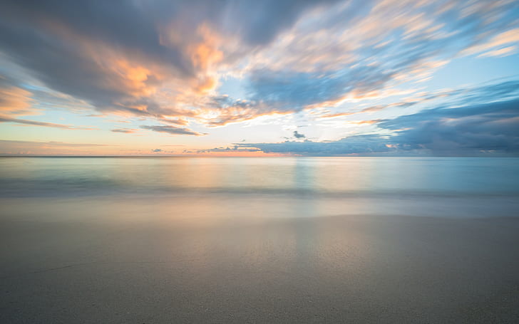 landscape, sand, sunset, horizon, sea, calm, beach, clouds, HD wallpaper