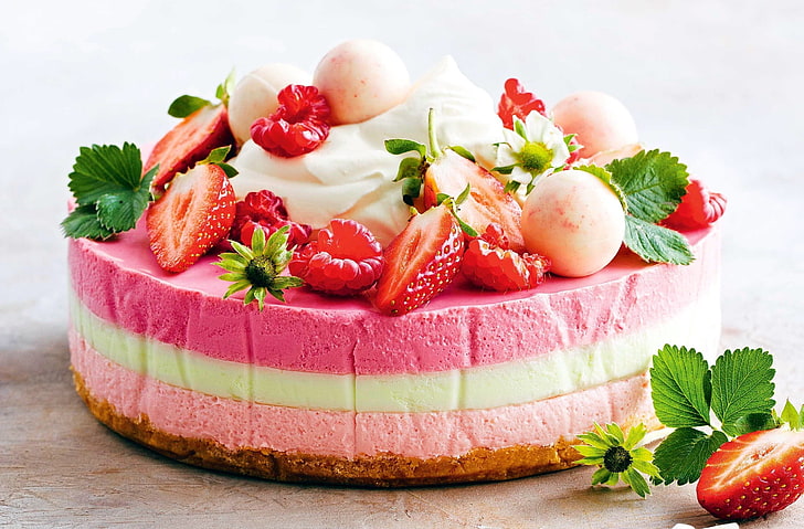 cake, fruit, strawberries, food, raspberries, food and drink, HD wallpaper