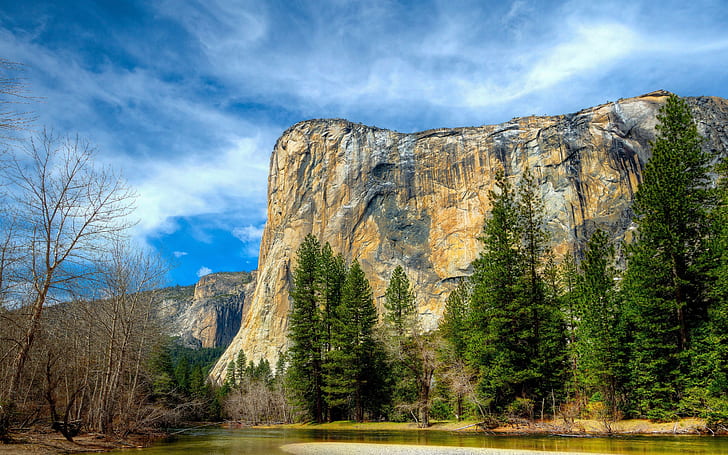 Yosemite National Park, Sierra Nevada, blue sky, mountains, river, trees