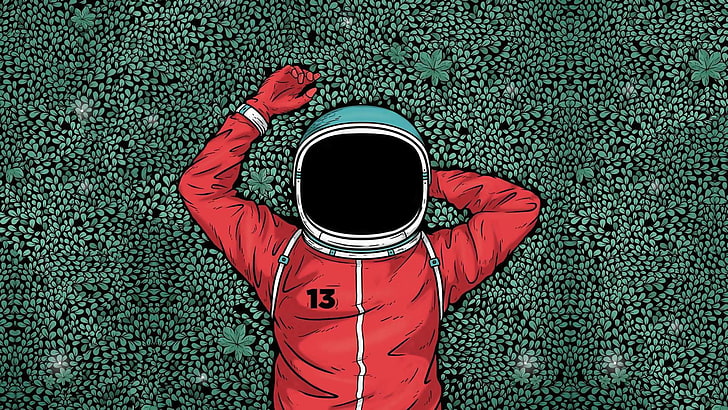 Hd Wallpaper Red Astronaut Artwork Grass Men Illustration