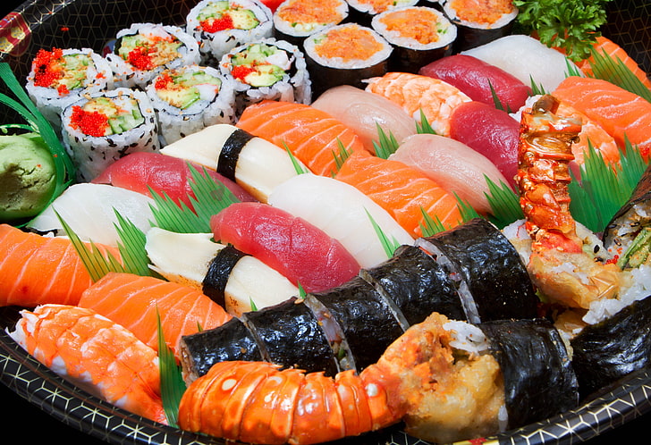 assorted sushi dishes, plate, seafood, meal, gourmet, salmon