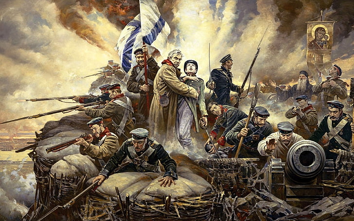 war painting, flag, cannons, weapon, soldier, smoke, group of people