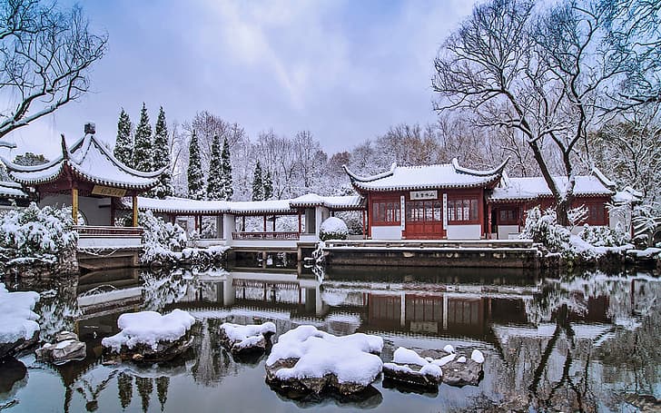 winter, snow, Suzhou Gardens, China, lake, Chinese traditional architecture, HD wallpaper