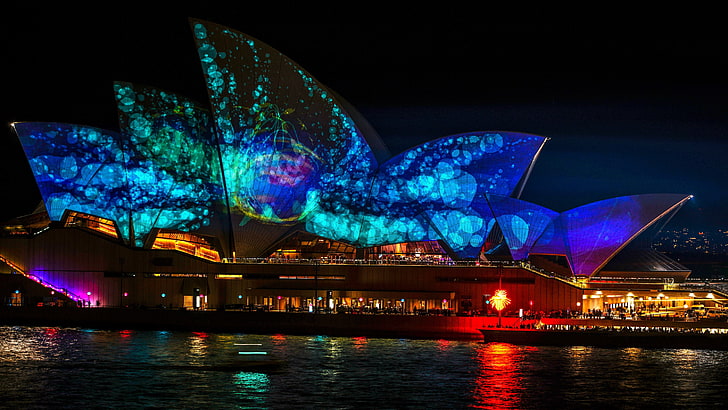 Sydney Opera House, Australia, night, building, water, illuminated, HD wallpaper