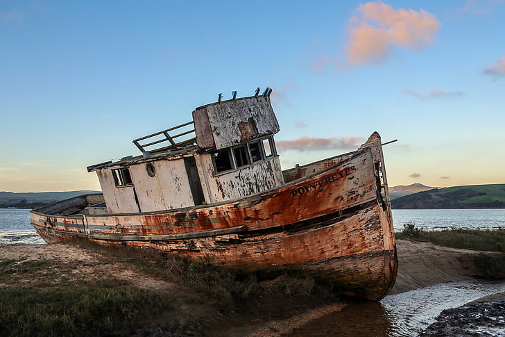 California, Abandoned, Point Reyes, Inverness, sky, water, nautical vessel, HD wallpaper