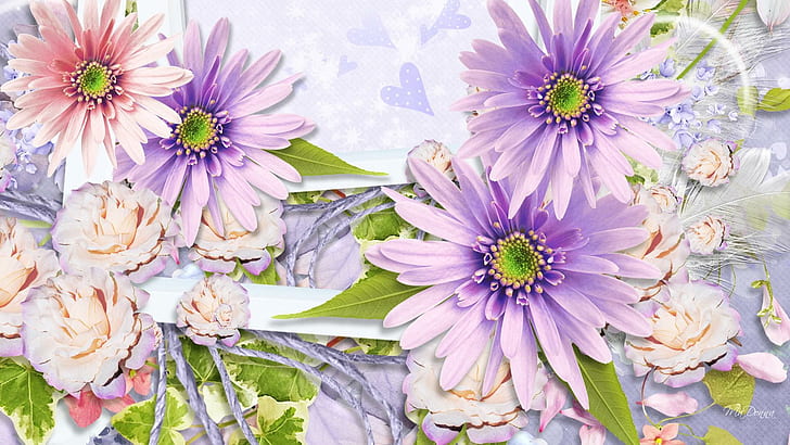 Spring Floral Display, soft, pink roses, flower, lavender, hearts, HD wallpaper