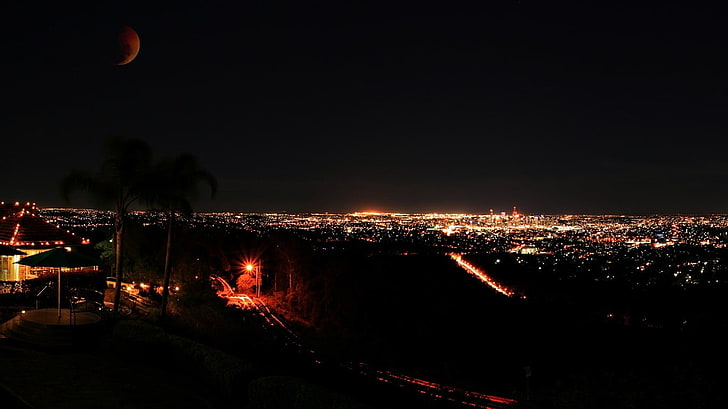 black parasol, Los Angeles, city, Moon, night view, landscape, HD wallpaper