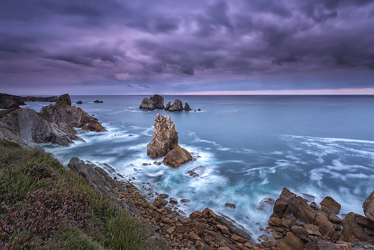 sea, the sky, rocks, excerpt, province, Cantabria, Northern Spain, HD wallpaper