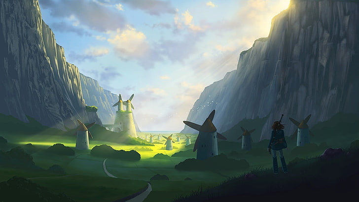 windmills illustration, mountains, landscape, sun rays, Nausicaa of the Valley of the Wind