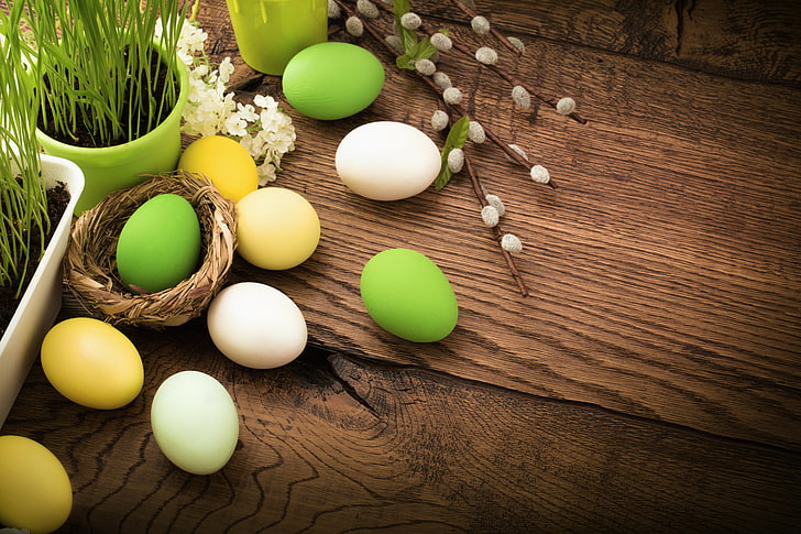 grass, flowers, eggs, spring, Easter, decoration, Happy, table