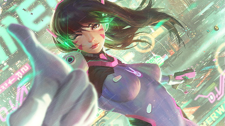 black-haired female game character, Overwatch, D.Va (Overwatch), HD wallpaper