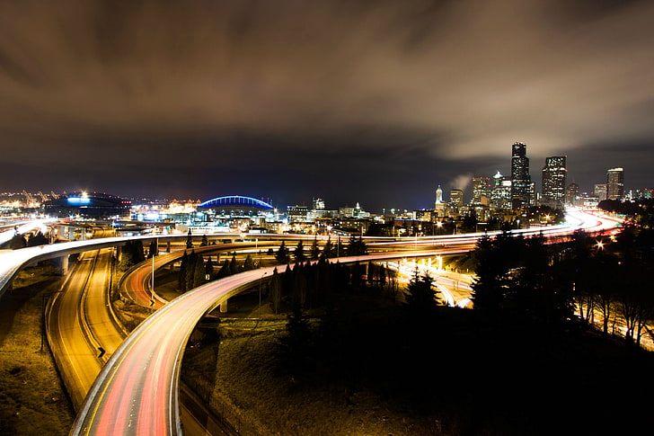 gray concrete road, long exposure, interchange, cityscape, Seattle, HD wallpaper