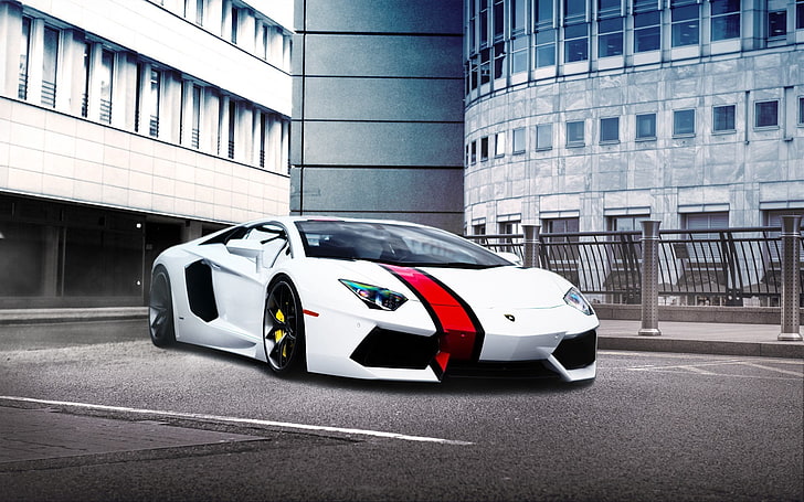 white and red sports car, Lamborghini, white cars, vehicle, built structure
