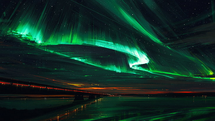 Northern Lights by Alena Aenami, night, green color, beauty in nature, HD wallpaper