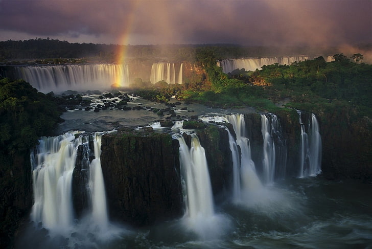 waterfalls and green trees, Iguazu Falls, river, rainbows, forest, HD wallpaper