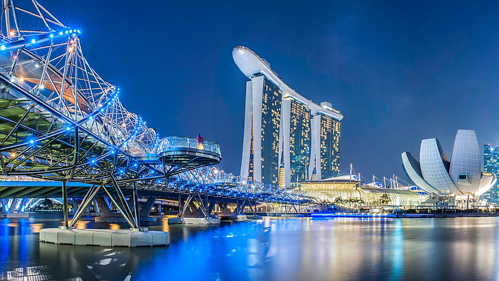 Marina Bay Sands, Singapore, night, bridge, design, lights, river, HD wallpaper