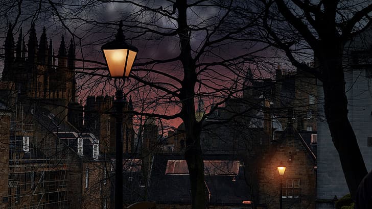 Scotland, Edinburgh, dusk, lamp, castle, HD wallpaper