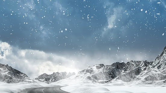 HD wallpaper: curvy road, snowing, snow clouds, mountain range, winter,  snawfall | Wallpaper Flare