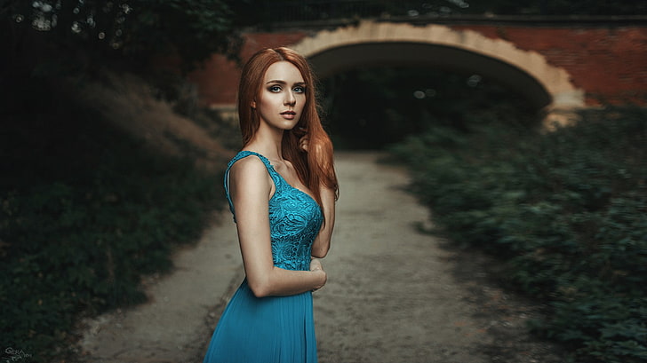 woman wearing blue lace tank dress, Georgy Chernyadyev, women