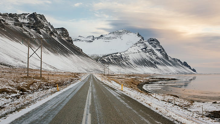 nature, snow, winter, road, landscape, Reykjavik, lake, snowy peak, HD wallpaper