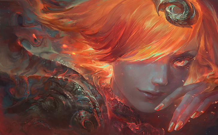 women's orange hair digital wallpaper, warrior, sword, fantasy art