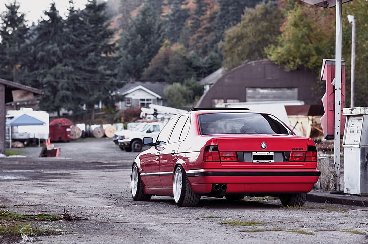 red BMW sedan, e34, 532i, tuning, cars, rear view, land Vehicle, HD wallpaper
