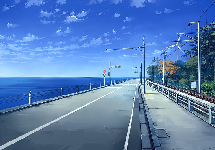illustration of road, city, sea, landscape, anime, sky, transportation