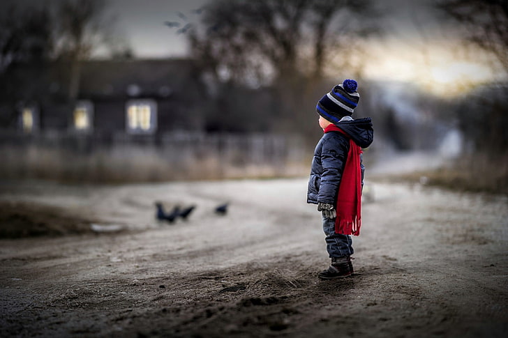 men's black and red polo shirt, baby, children, snow, blurred, HD wallpaper