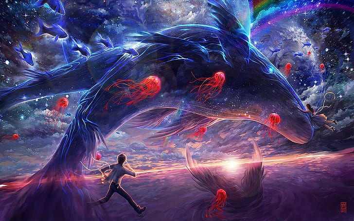 1280x800 px 2D digital art fantasy Art jellyfish landscape planet rainbows space sun sunset Whale Anime Azumanga HD Art