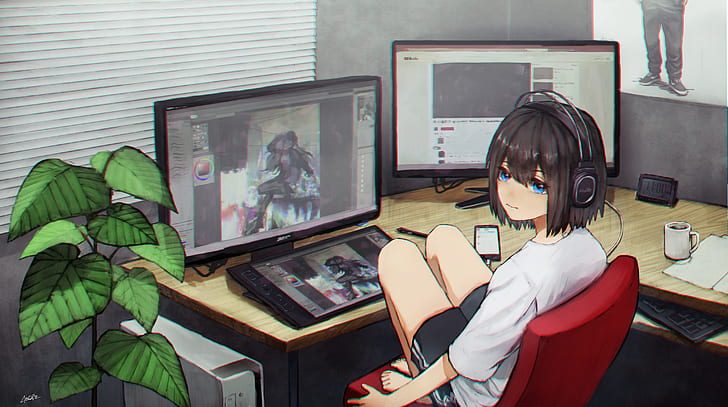 Anime, Original, Black Hair, Blue Eyes, Computer, Girl, Headphones