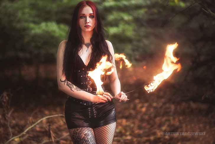 fantasy girl, Artur Tarczewski, women outdoors, fire, one person