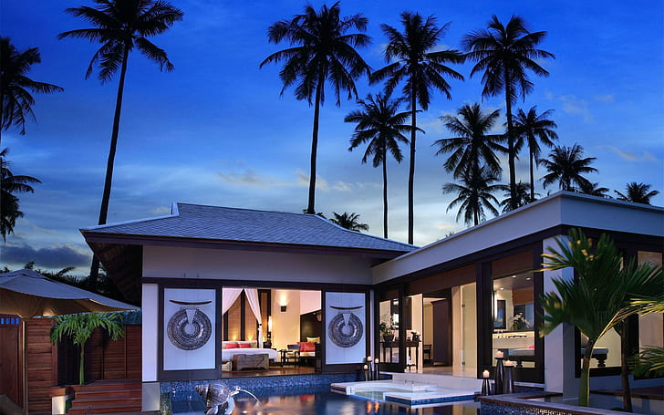 Exotic Tropical Villa, white painted house with swimming pool, HD wallpaper