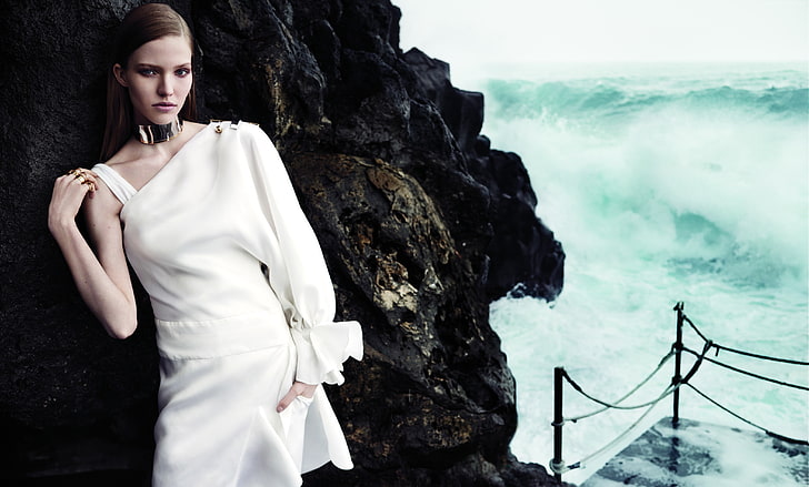 white dress, beach, model, Sasha Luss, sea, ocean, Top Fashion Models 2015, HD wallpaper