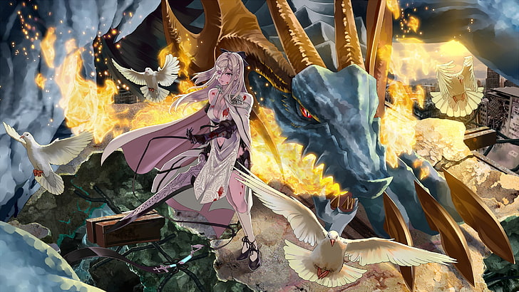 woman beside blue dragon and doves illustration, Drakengard 3
