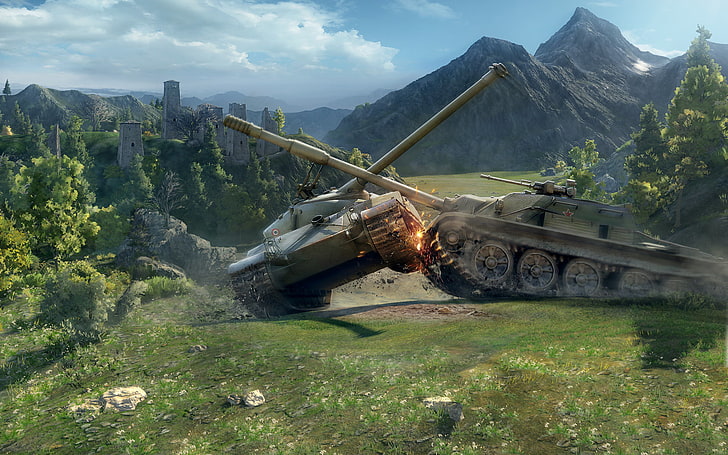 two grey battle tanks, physics, World of tanks, WoT, medium tank HD wallpaper