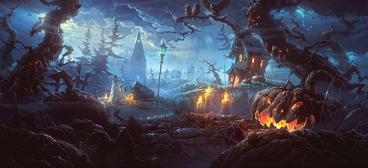 Halloween pumpkin illustration, Holiday, Jack-o'-lantern, Night, HD wallpaper