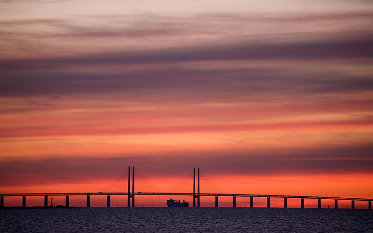 photography, bridge, water, sea, ship, Sweden, Denmark, sky, HD wallpaper